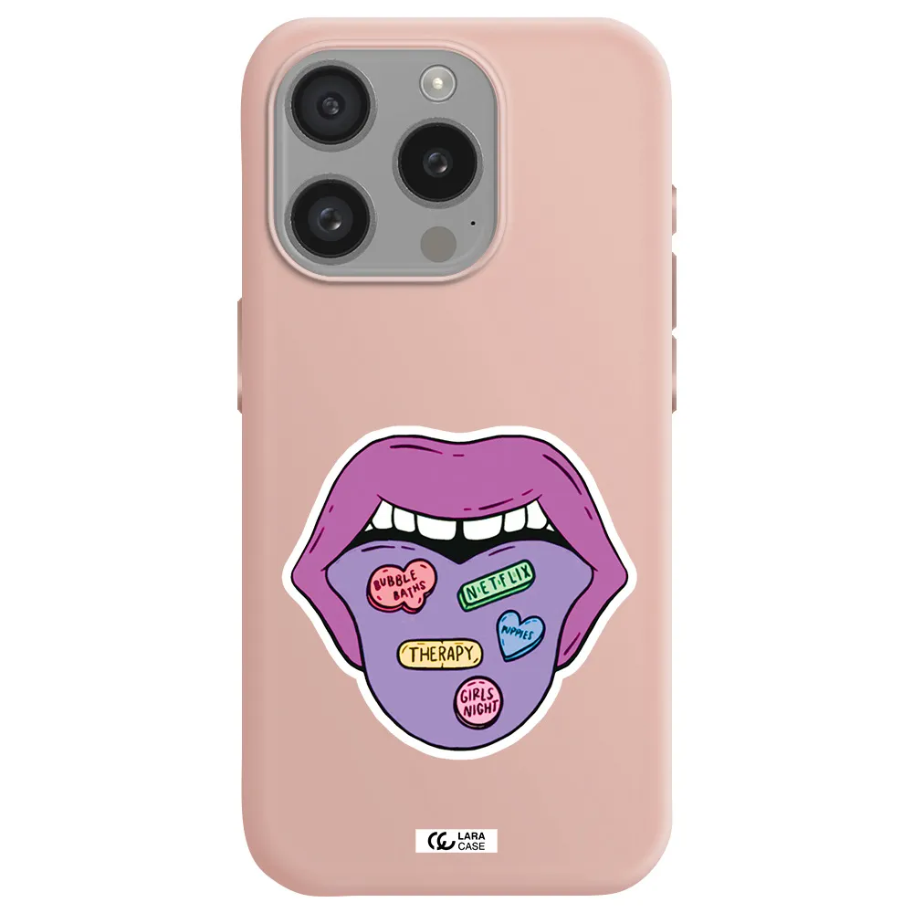 A Purple Lips With Different Colored Hearts On It Apple Iphone 15 Pro Silicone Pastel Pink Case