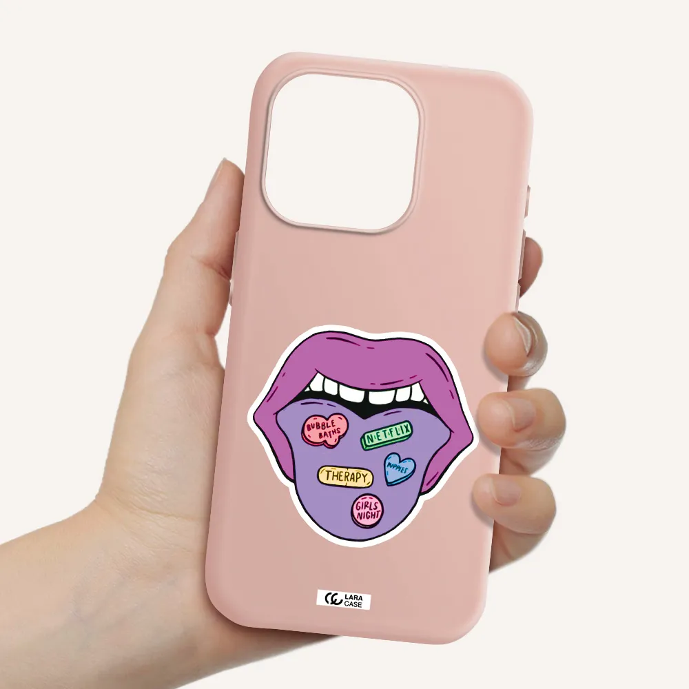 A Purple Lips With Different Colored Hearts On It Apple Iphone 15 Pro Silicone Pastel Pink Case