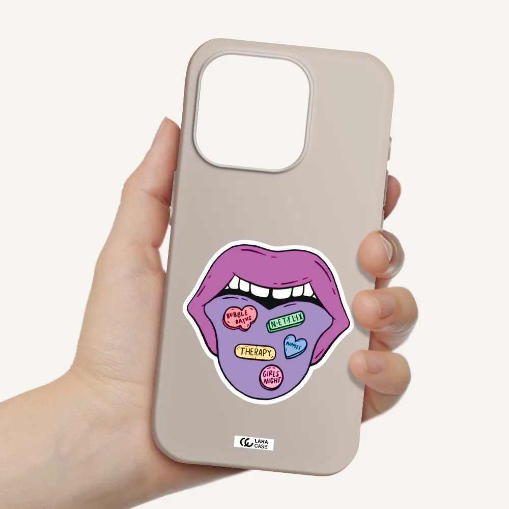 A Purple Lips With Different Colored Hearts On It Apple Iphone 15 Pro Silicone Stone Case