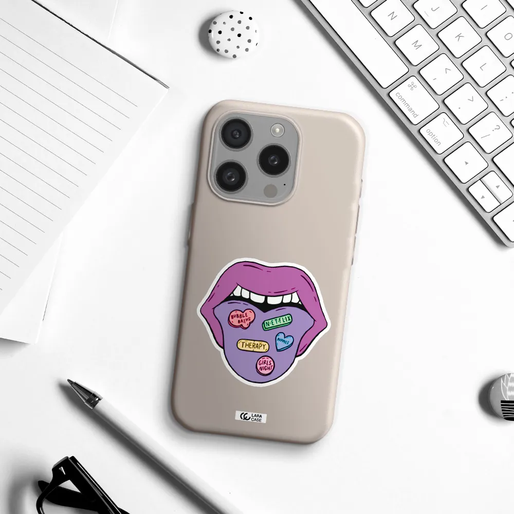 A Purple Lips With Different Colored Hearts On It Apple Iphone 15 Pro Silicone Stone Case