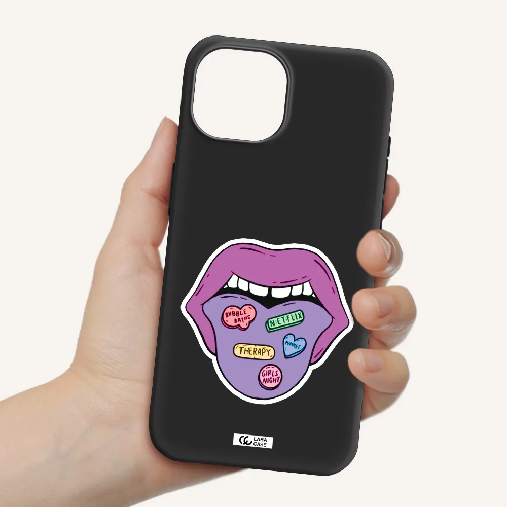 a purple lips with different colored hearts on it Apple iPhone 15 Silicone black Case