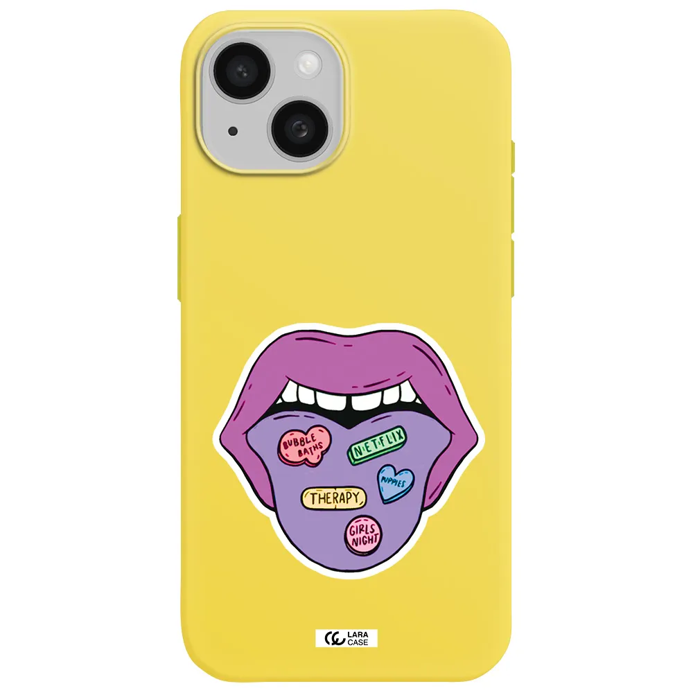 a purple lips with different colored hearts on it Apple iPhone 15 Silicone canary yellow Case