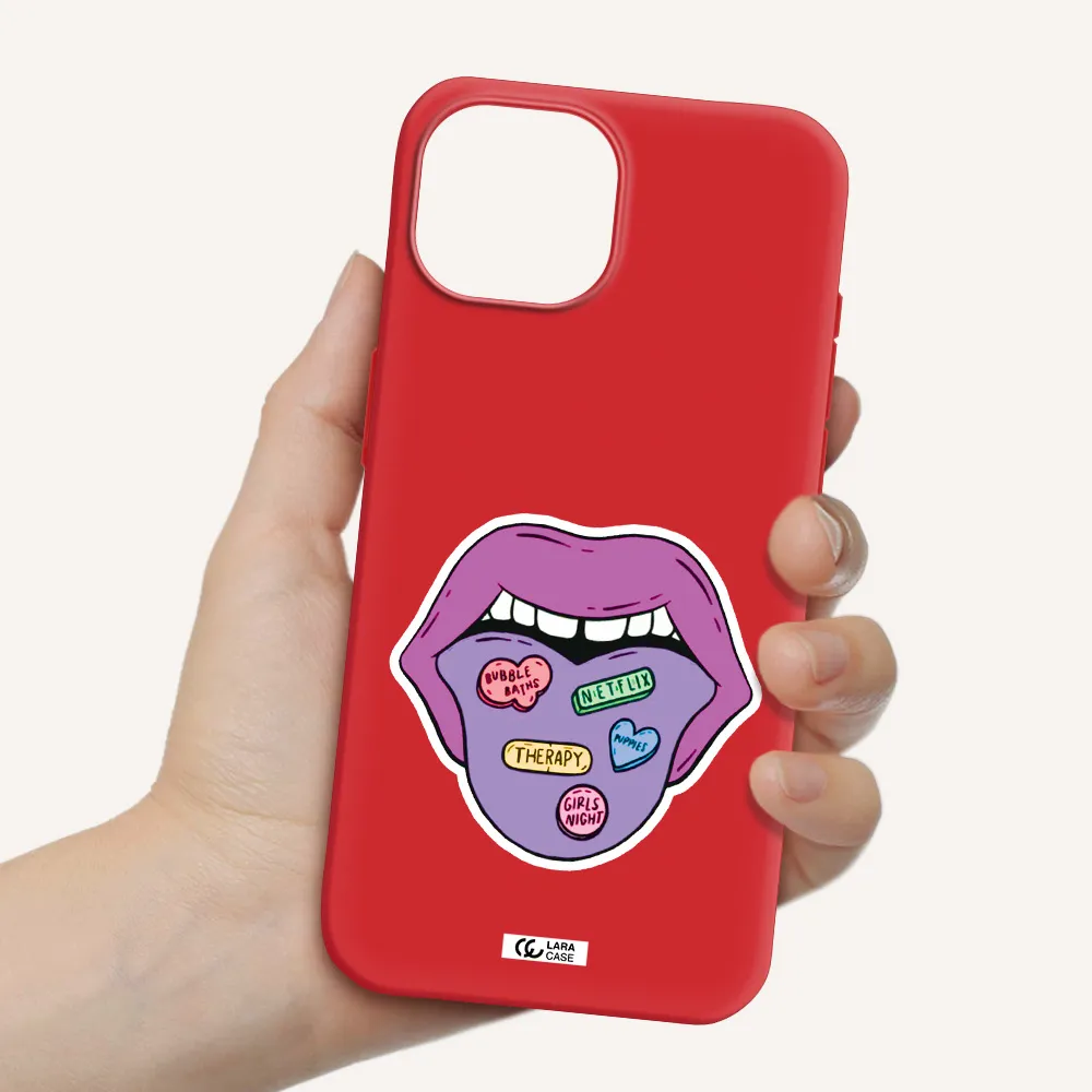 A Purple Lips With Different Colored Hearts On It Apple Iphone 15 Silicone Imperial Red Case