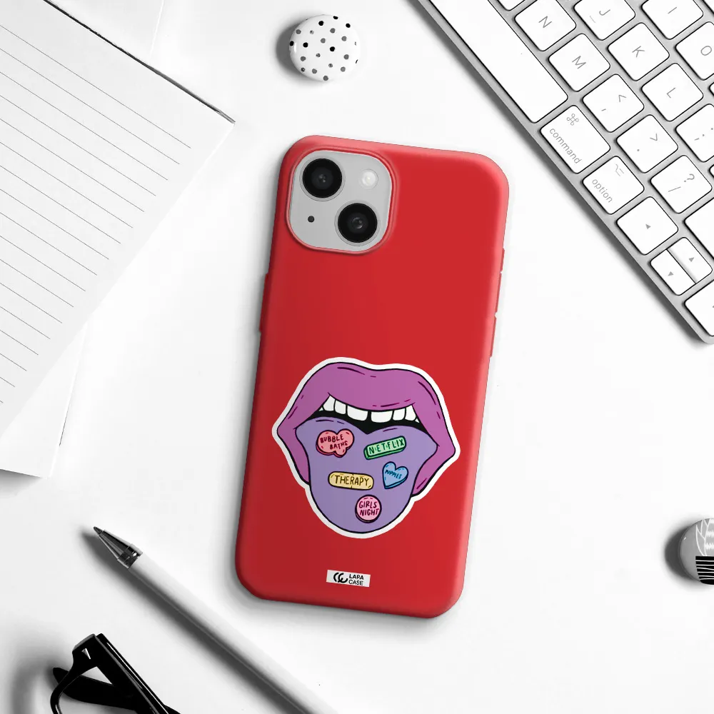 A Purple Lips With Different Colored Hearts On It Apple Iphone 15 Silicone Imperial Red Case