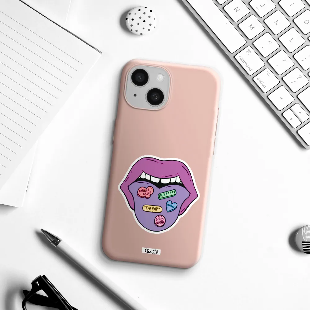 A Purple Lips With Different Colored Hearts On It Apple Iphone 15 Silicone Pastel Pink Case