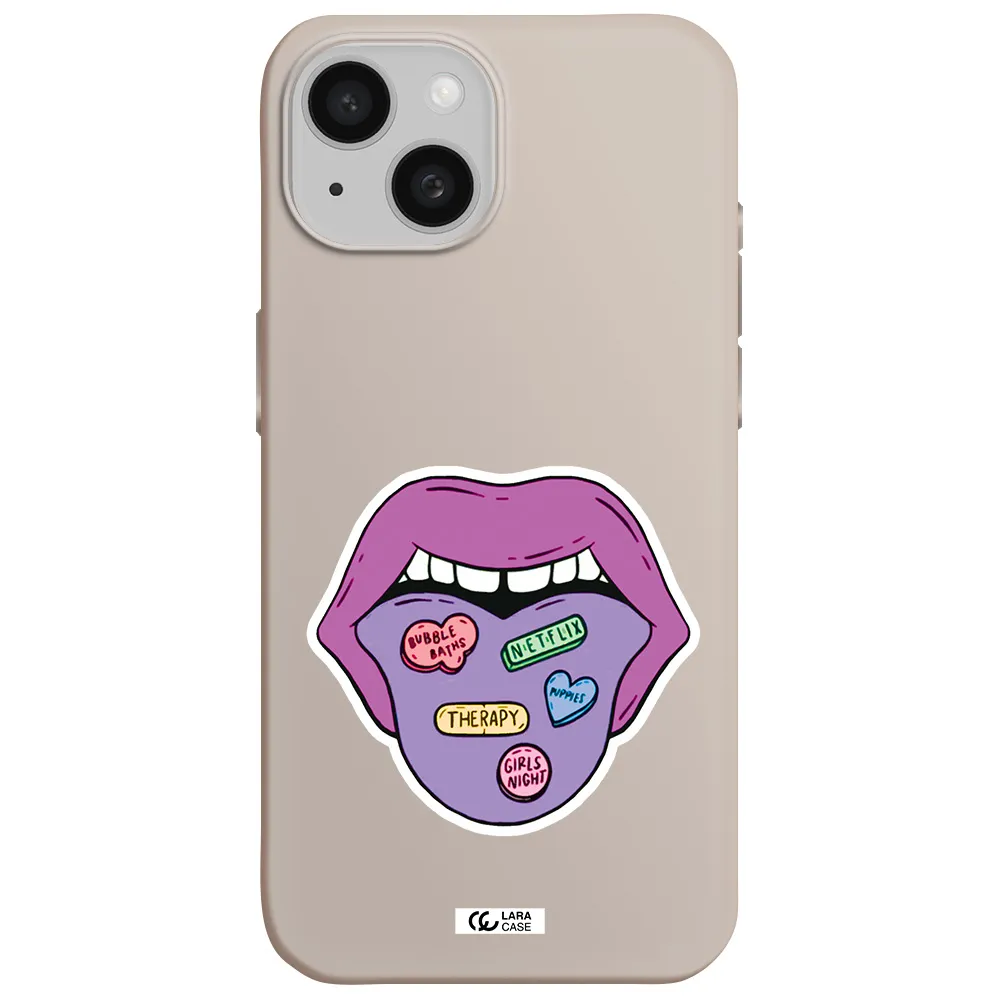 a purple lips with different colored hearts on it Apple iPhone 15 Silicone Stone Case