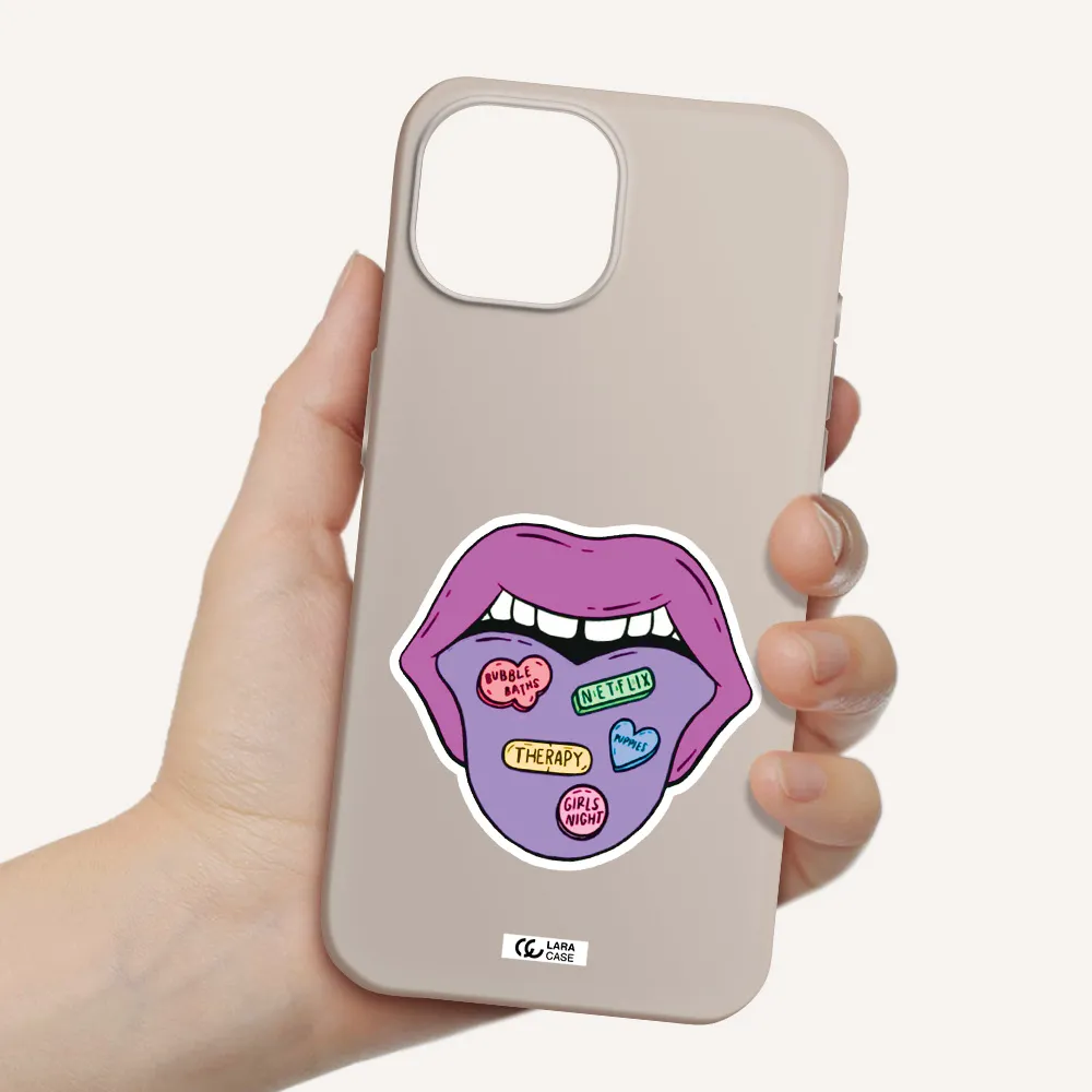 a purple lips with different colored hearts on it Apple iPhone 15 Silicone Stone Case