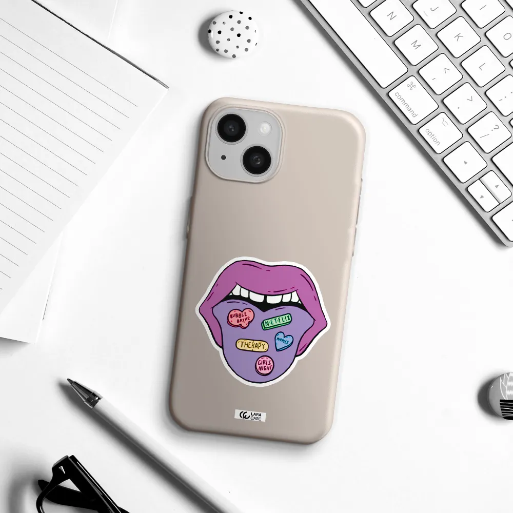 a purple lips with different colored hearts on it Apple iPhone 15 Silicone Stone Case