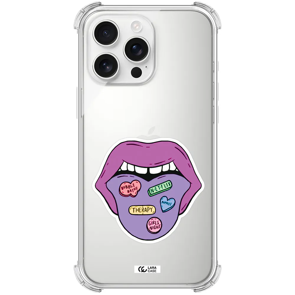 A Purple Lips With Different Colored Hearts On It Apple Iphone 16 Pro Max Clear Pc Case
