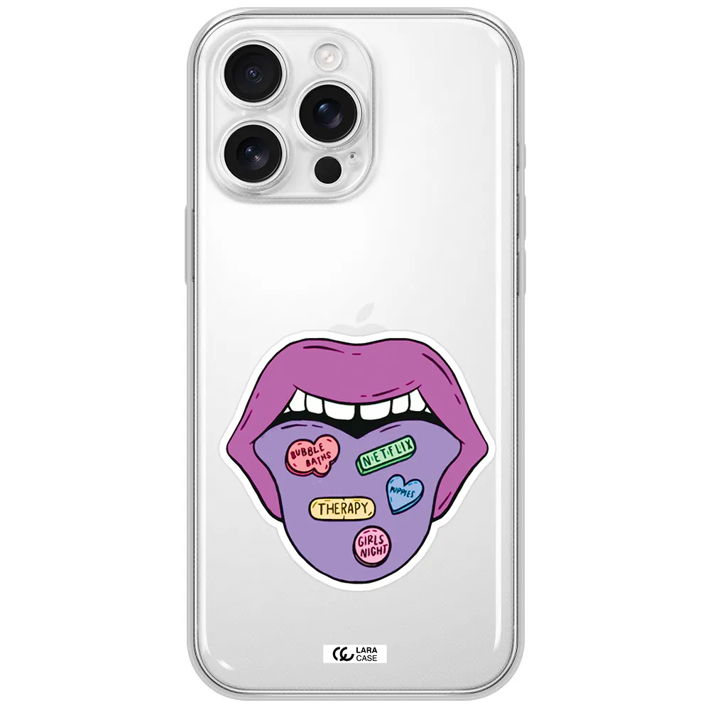 A Purple Lips With Different Colored Hearts On It Apple Iphone 16 Pro Max Clear Tpu Case