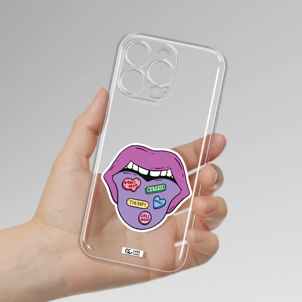 A Purple Lips With Different Colored Hearts On It Apple Iphone 16 Pro Max Clear Tpu Case