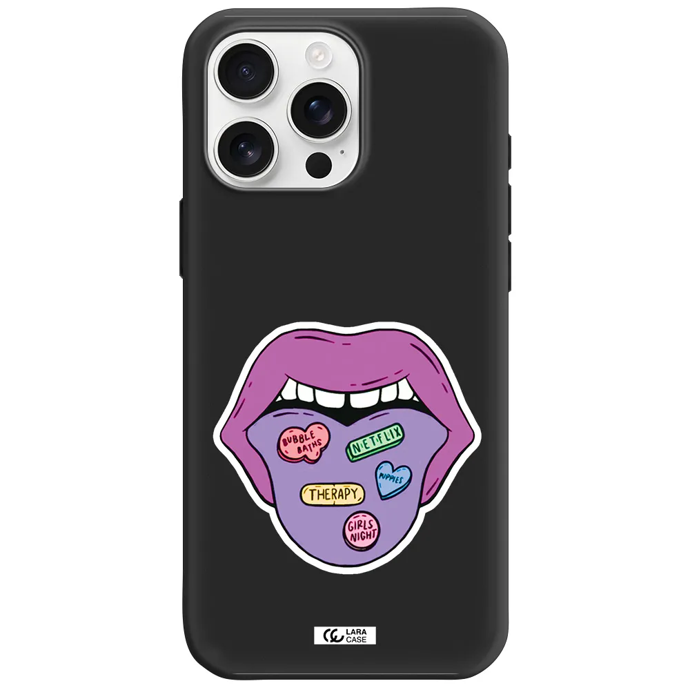 A Purple Lips With Different Colored Hearts On It Apple Iphone 16 Pro Max Silicone Black Case