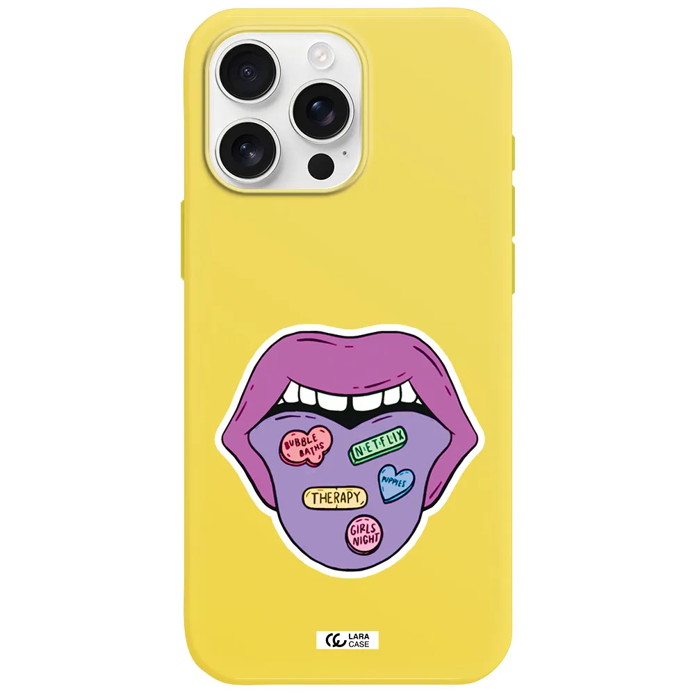 A Purple Lips With Different Colored Hearts On It Apple Iphone 16 Pro Max Silicone Canary Yellow Case