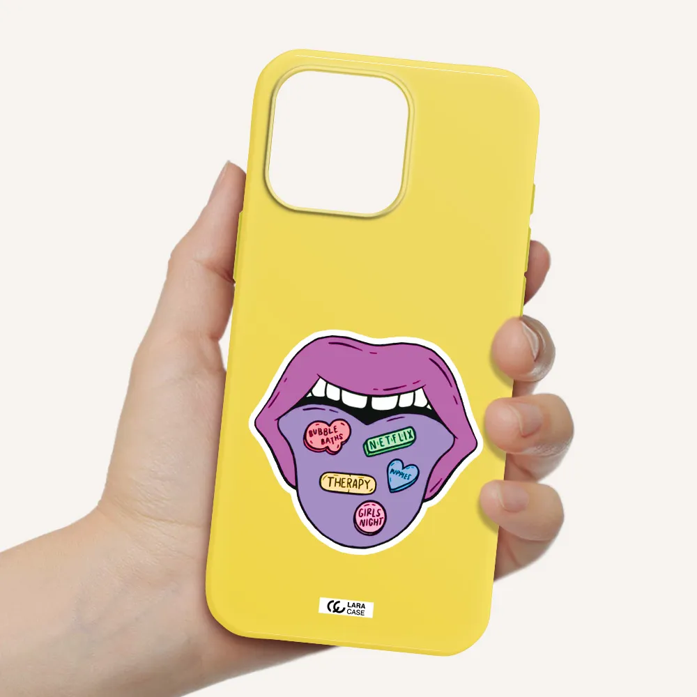 A Purple Lips With Different Colored Hearts On It Apple Iphone 16 Pro Max Silicone Canary Yellow Case