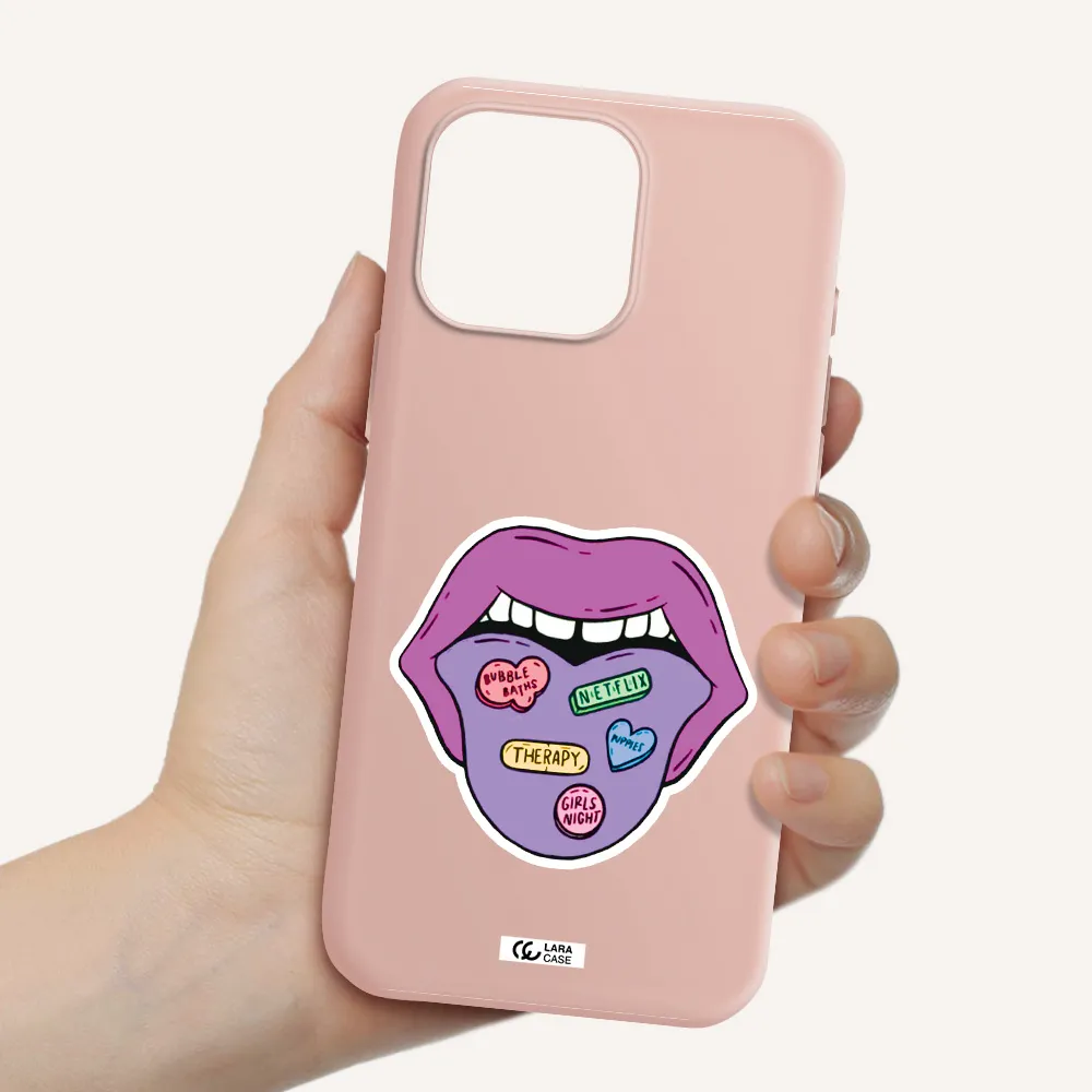 A Purple Lips With Different Colored Hearts On It Apple Iphone 16 Pro Max Silicone Pastel Pink Case