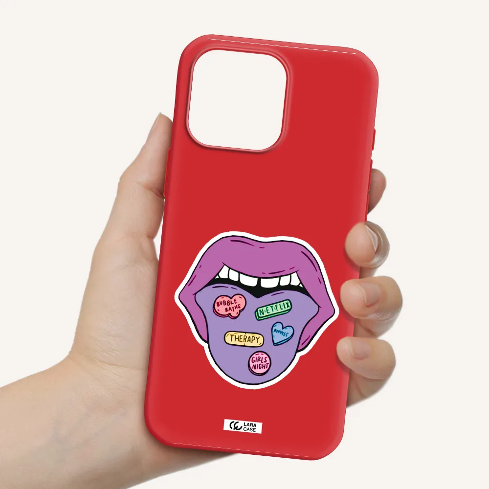 A Purple Lips With Different Colored Hearts On It Apple Iphone 16 Pro Max Silicone Stone Case