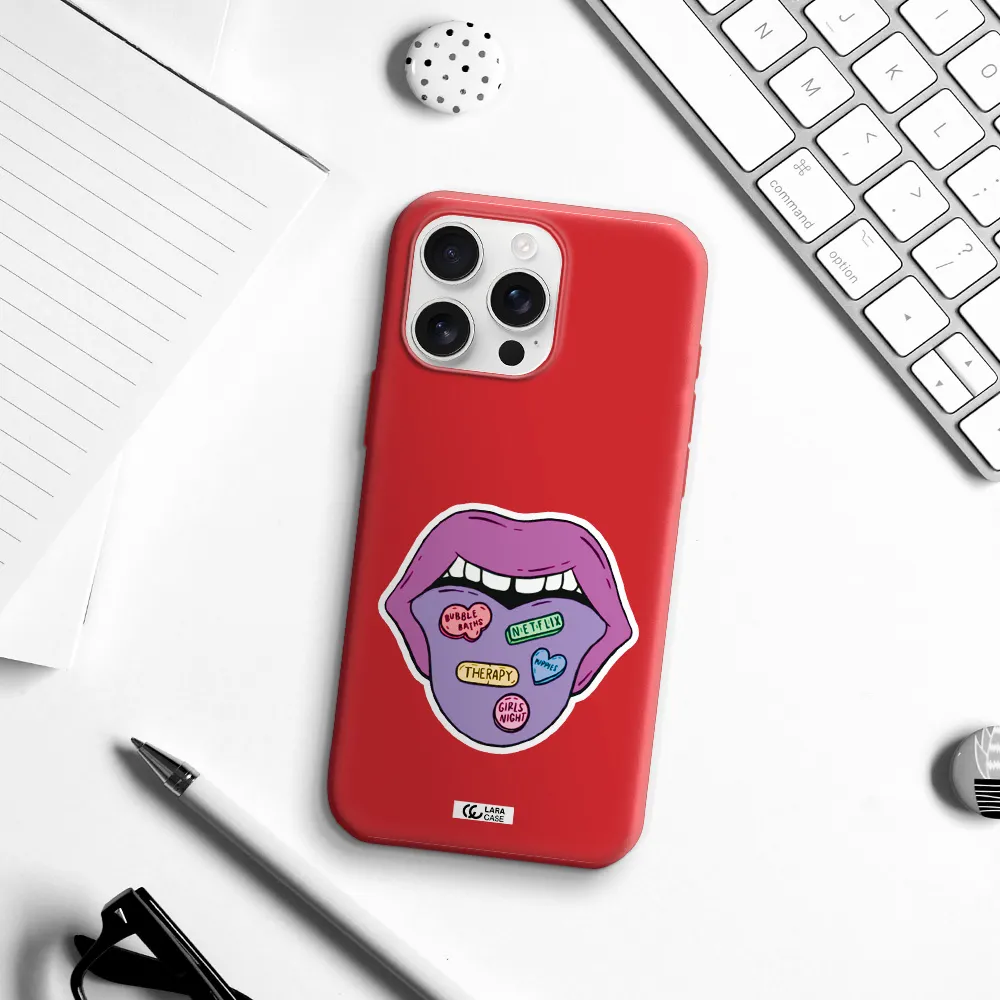A Purple Lips With Different Colored Hearts On It Apple Iphone 16 Pro Max Silicone Stone Case