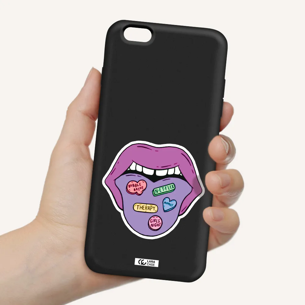 a purple lips with different colored hearts on it Apple iPhone 6 s plus Silicone black Case