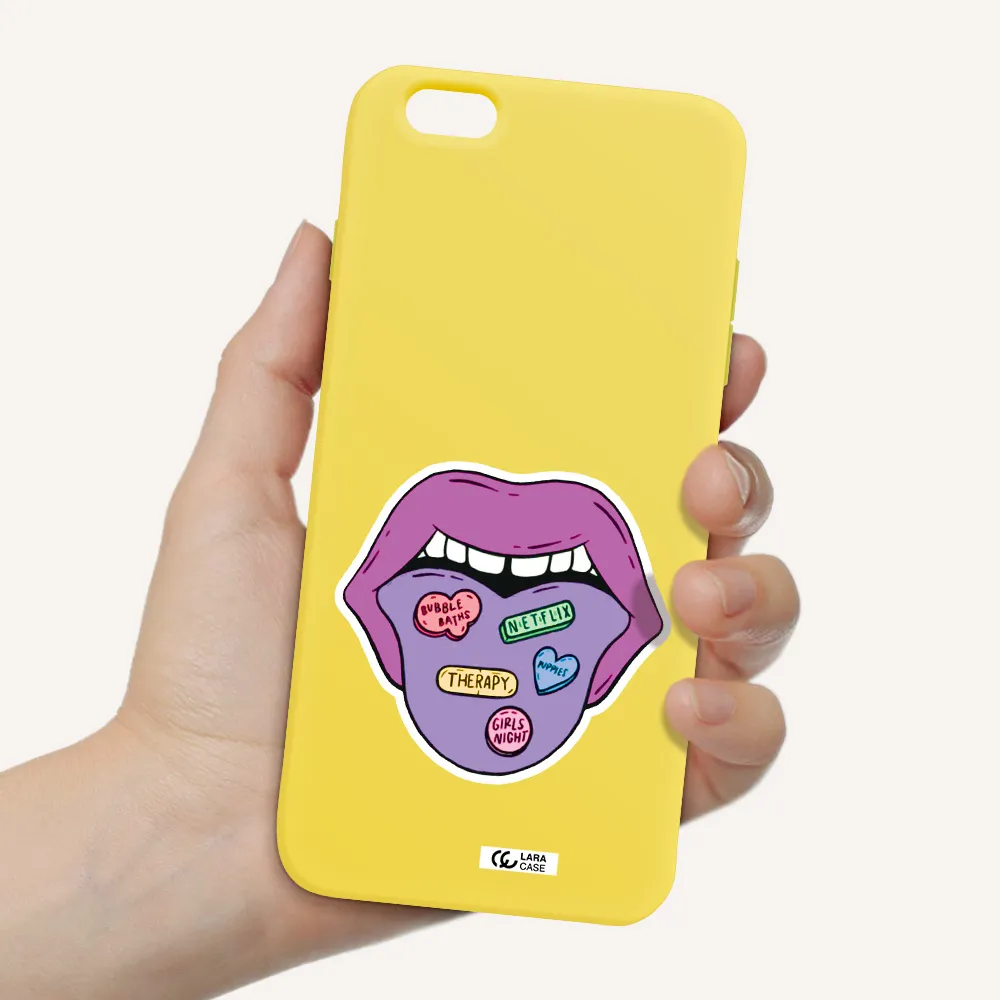 a purple lips with different colored hearts on it Apple iPhone 6 s plus Silicone canary yellow Case