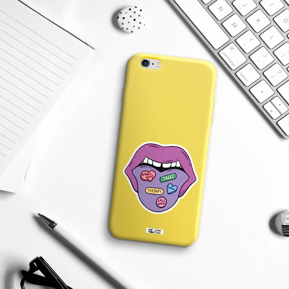 a purple lips with different colored hearts on it Apple iPhone 6 s plus Silicone canary yellow Case