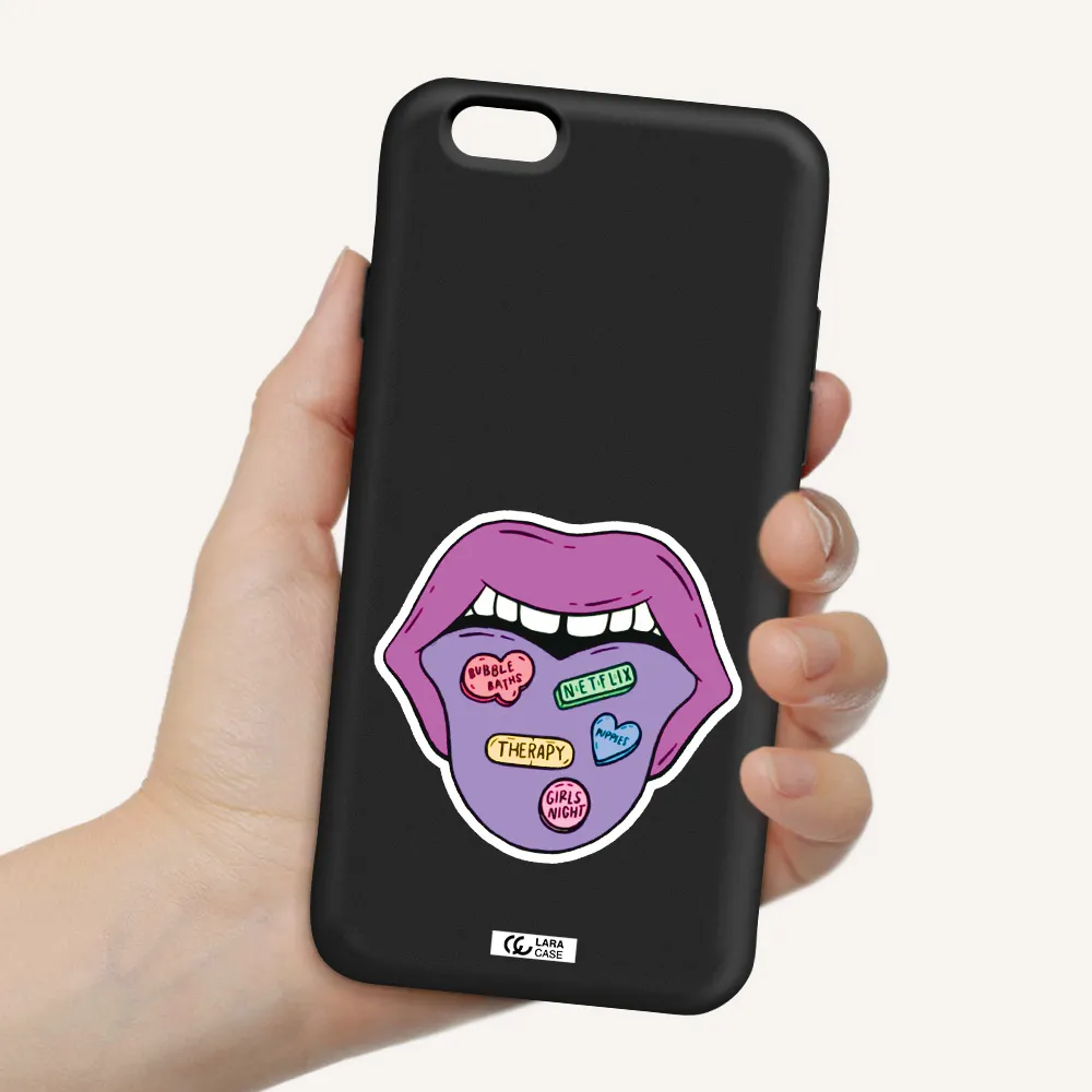 a purple lips with different colored hearts on it Apple iPhone 6 Silicone black Case