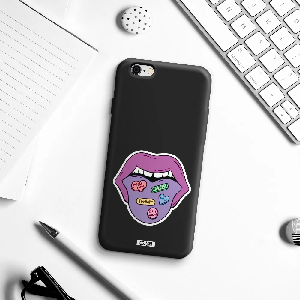a purple lips with different colored hearts on it Apple iPhone 6 Silicone black Case