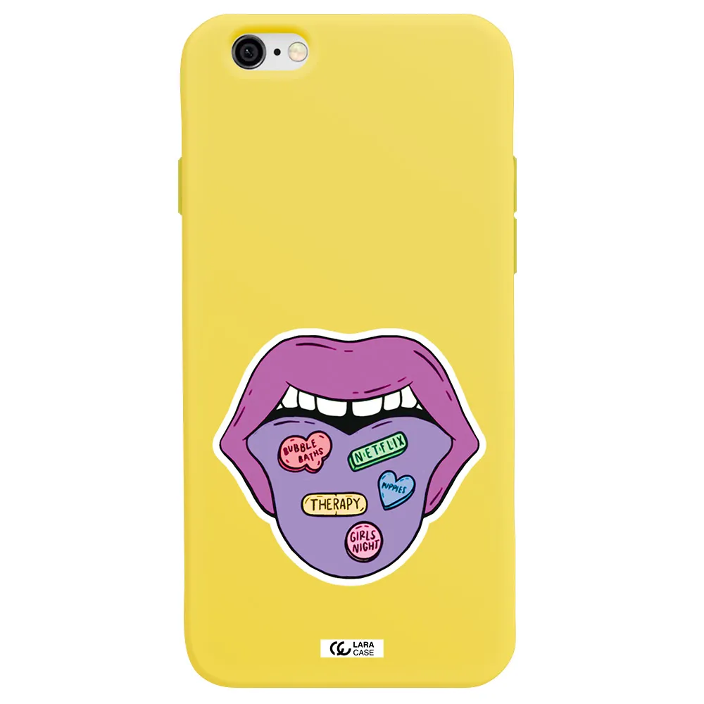 a purple lips with different colored hearts on it Apple iPhone 6 Silicone canary yellow Case
