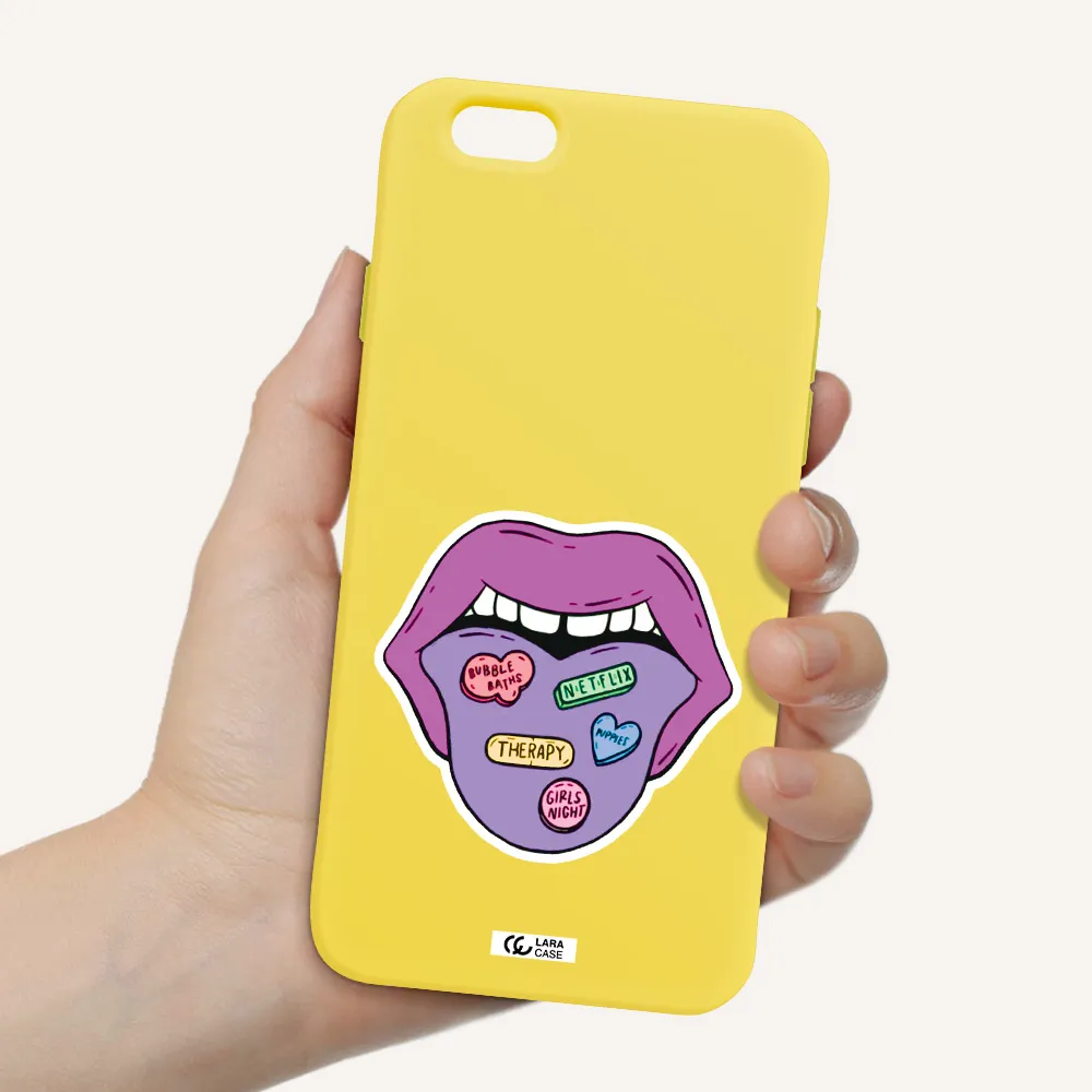 a purple lips with different colored hearts on it Apple iPhone 6 Silicone canary yellow Case