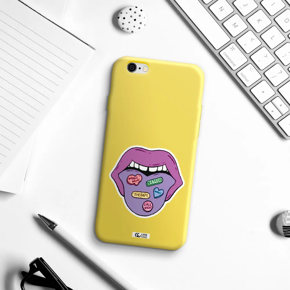 a purple lips with different colored hearts on it Apple iPhone 6 Silicone canary yellow Case