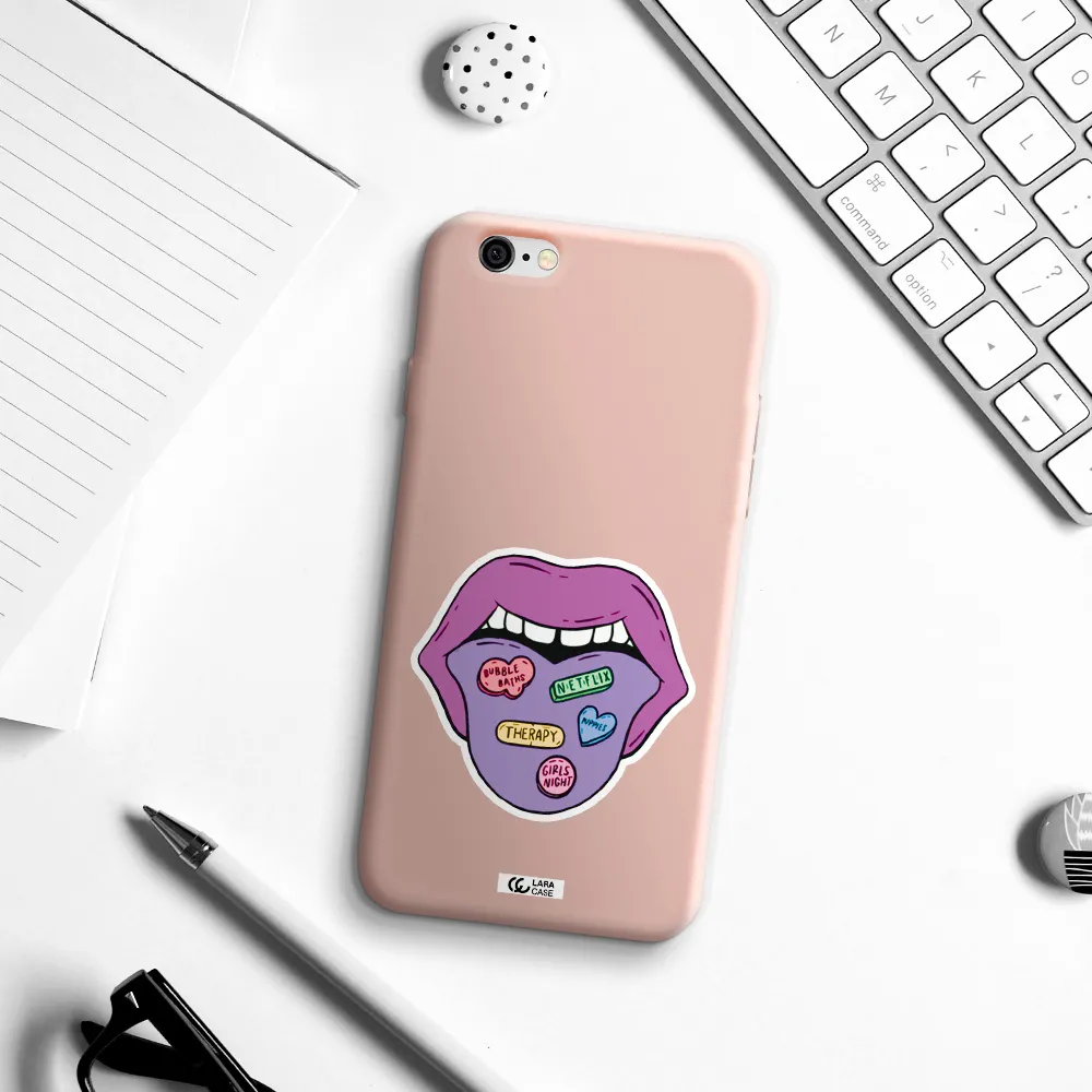 a purple lips with different colored hearts on it Apple iPhone 6 Silicone pastel pink Case