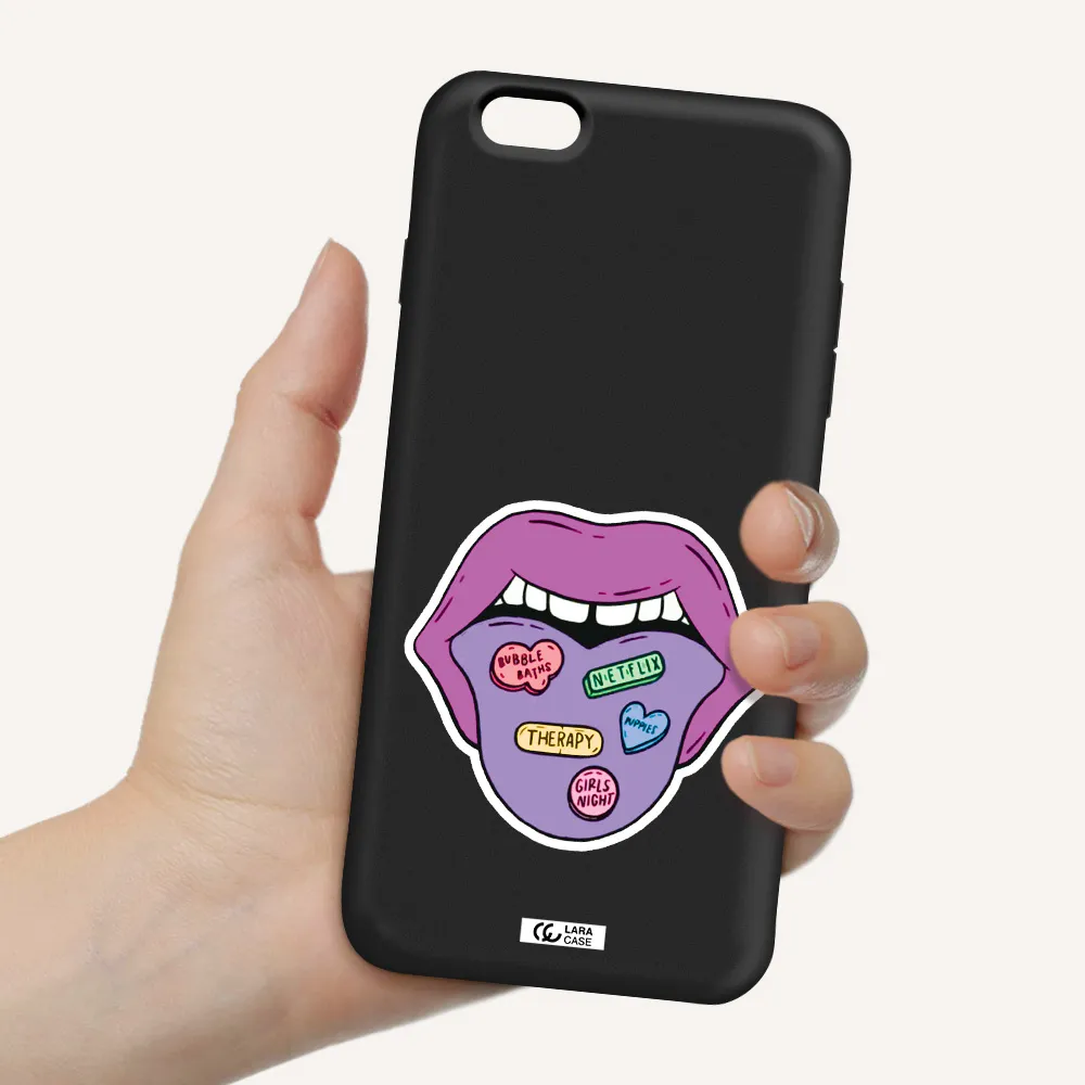a purple lips with different colored hearts on it Apple iPhone 6S Silicone black Case