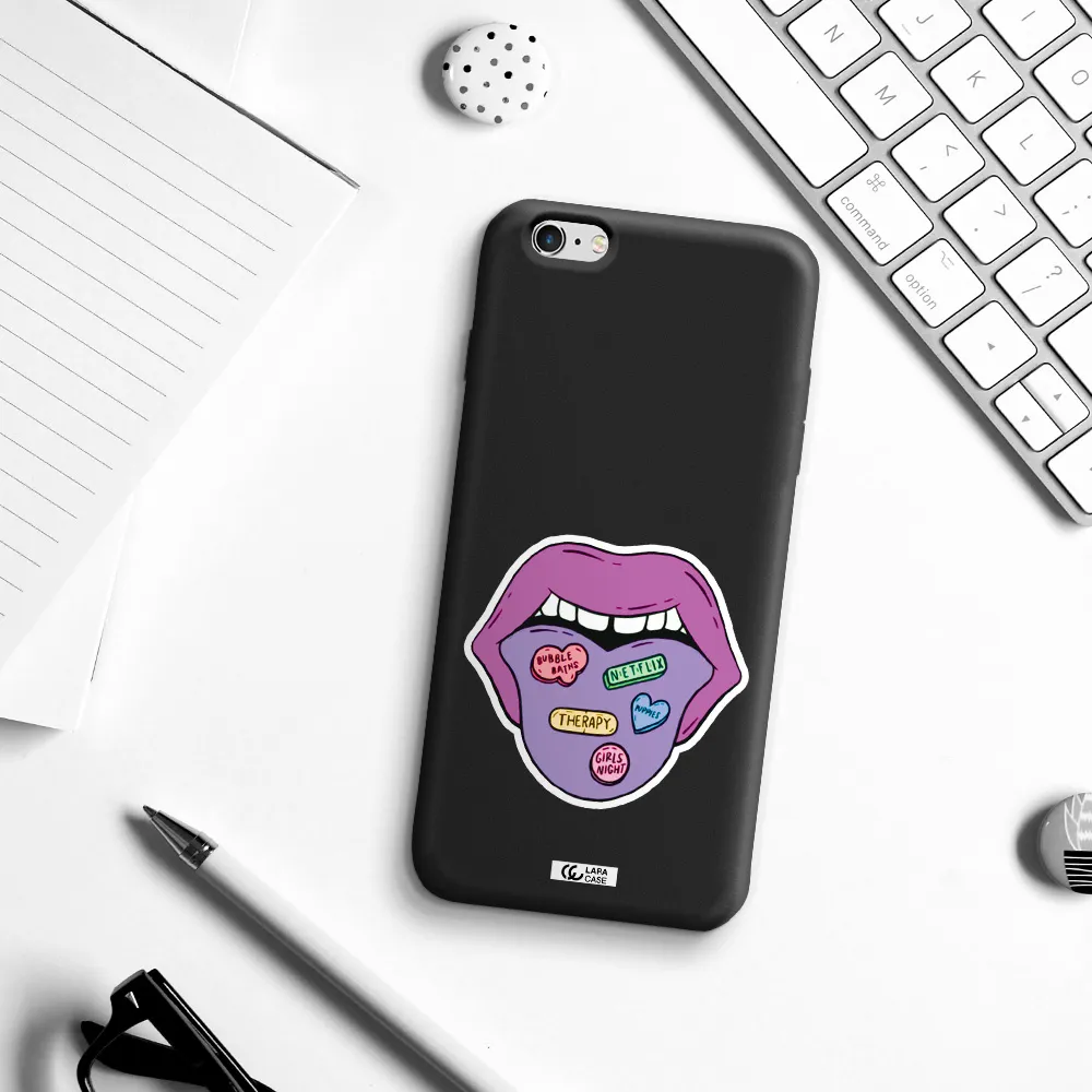 a purple lips with different colored hearts on it Apple iPhone 6S Silicone black Case