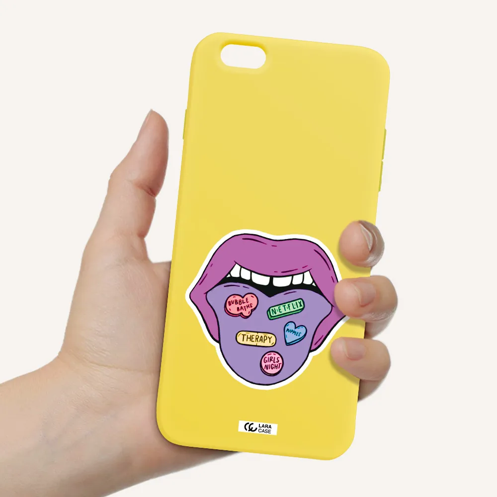 a purple lips with different colored hearts on it Apple iPhone 6S Silicone canary yellow Case