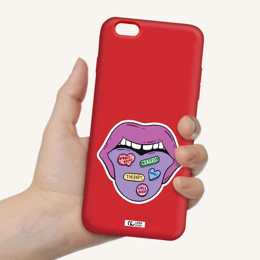 a purple lips with different colored hearts on it Apple iPhone 6S Silicone Imperial Red Case
