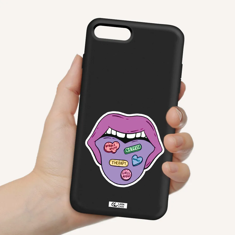 a purple lips with different colored hearts on it Apple iPhone 7 plus Silicone black Case