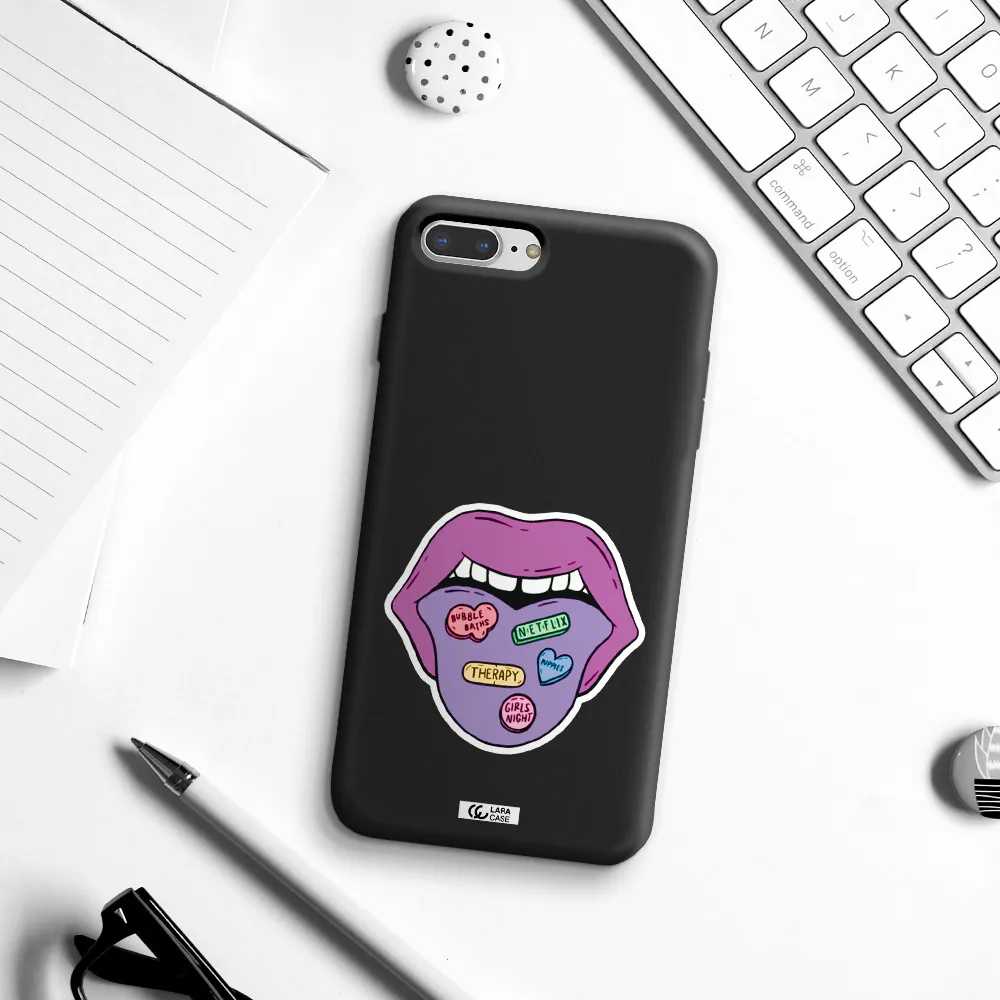 a purple lips with different colored hearts on it Apple iPhone 7 plus Silicone black Case