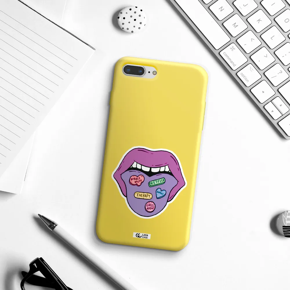 a purple lips with different colored hearts on it Apple iPhone 7 plus Silicone canary yellow Case