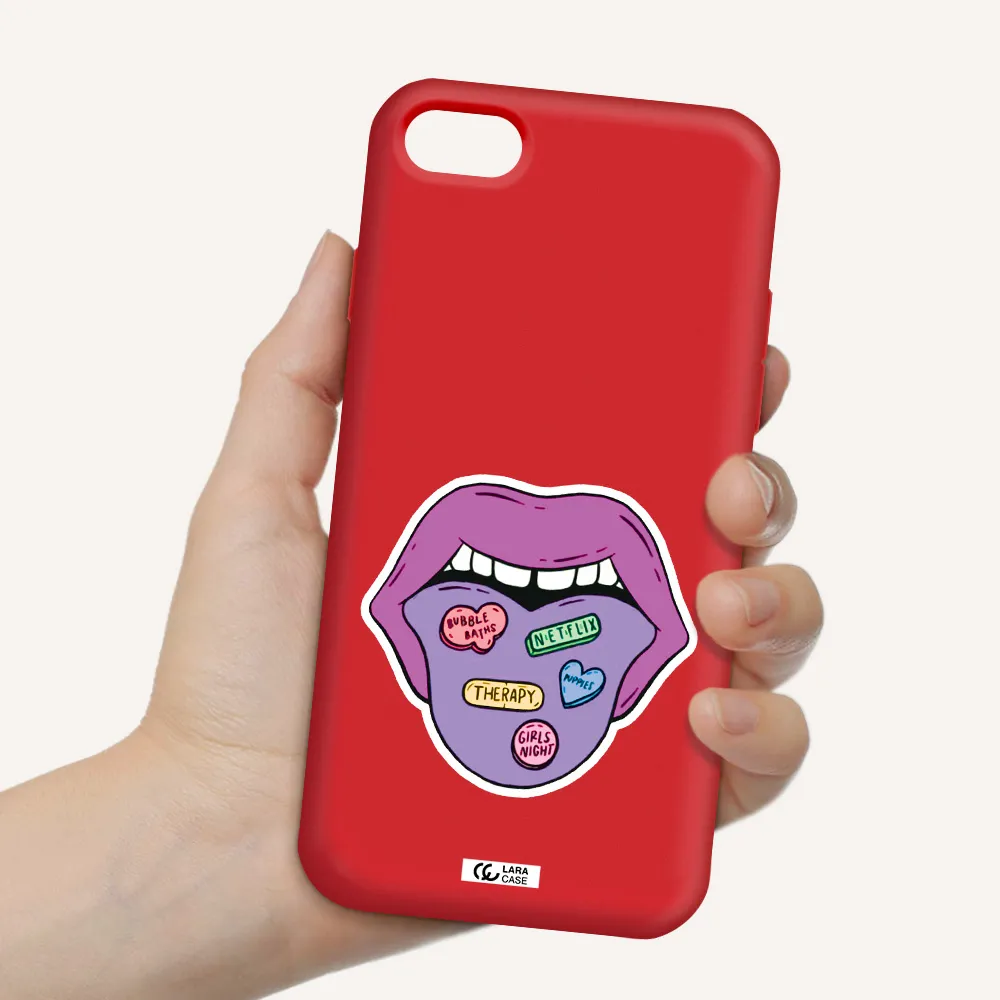 a purple lips with different colored hearts on it Apple iPhone 7 Silicone Imperial Red Case