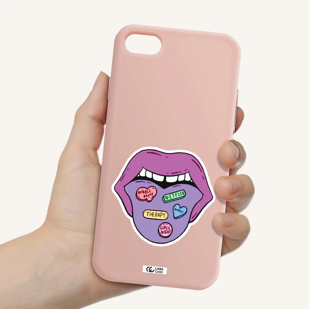 a purple lips with different colored hearts on it Apple iPhone 7 Silicone pastel pink Case