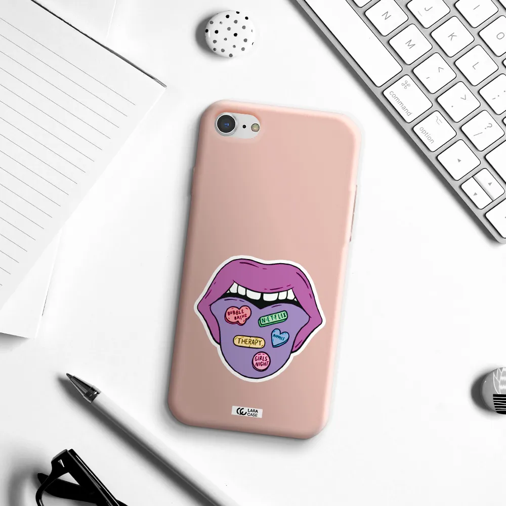 a purple lips with different colored hearts on it Apple iPhone 7 Silicone pastel pink Case