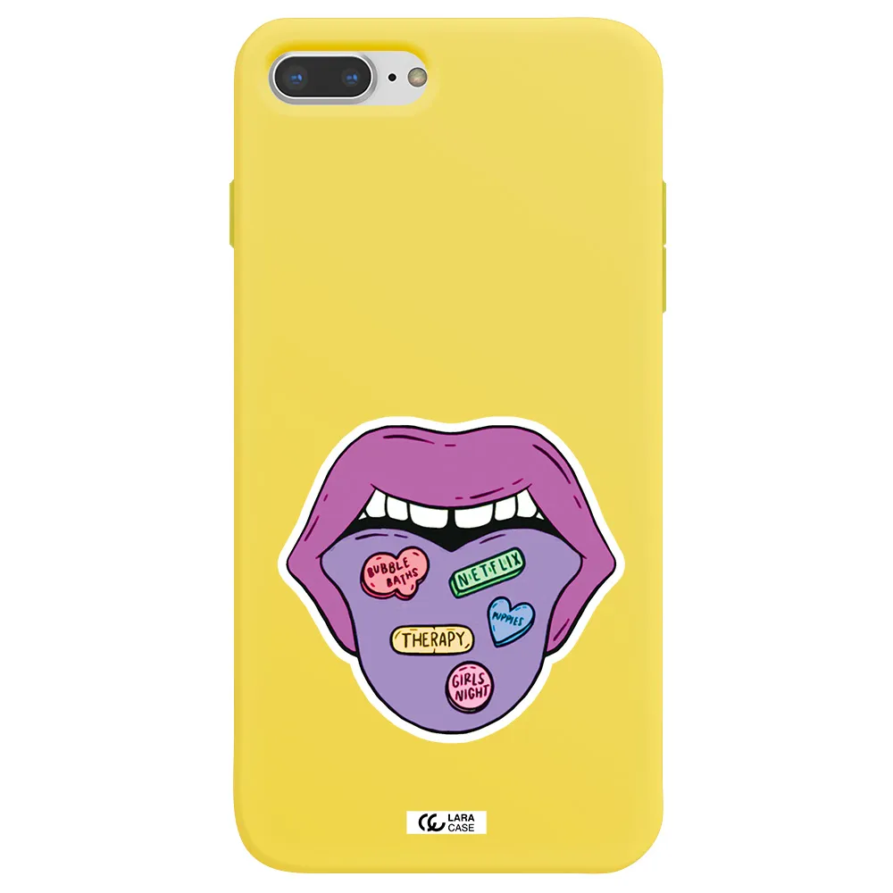 a purple lips with different colored hearts on it Apple iPhone 8 plus Silicone canary yellow Case