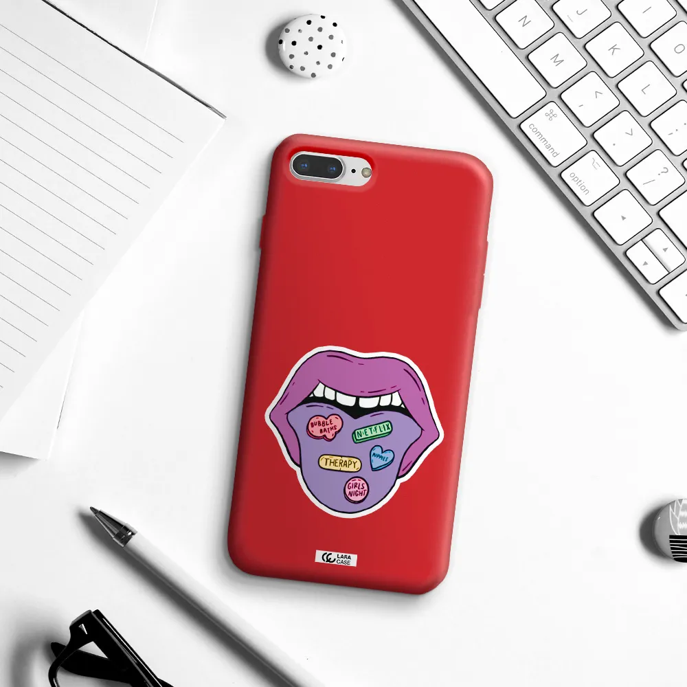 a purple lips with different colored hearts on it Apple iPhone 8 plus Silicone Imperial Red Case