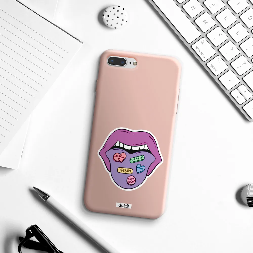 a purple lips with different colored hearts on it Apple iPhone 8 plus Silicone pastel pink Case