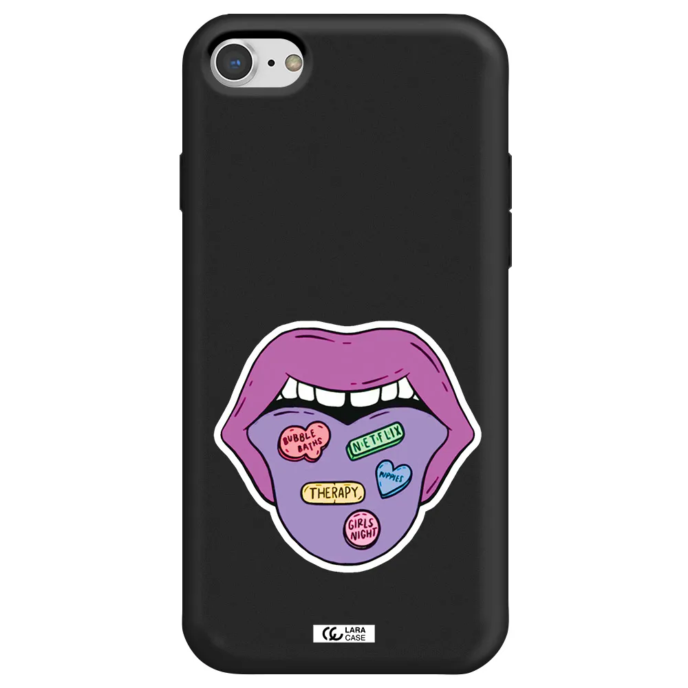 a purple lips with different colored hearts on it Apple iPhone 8 Silicone black Case