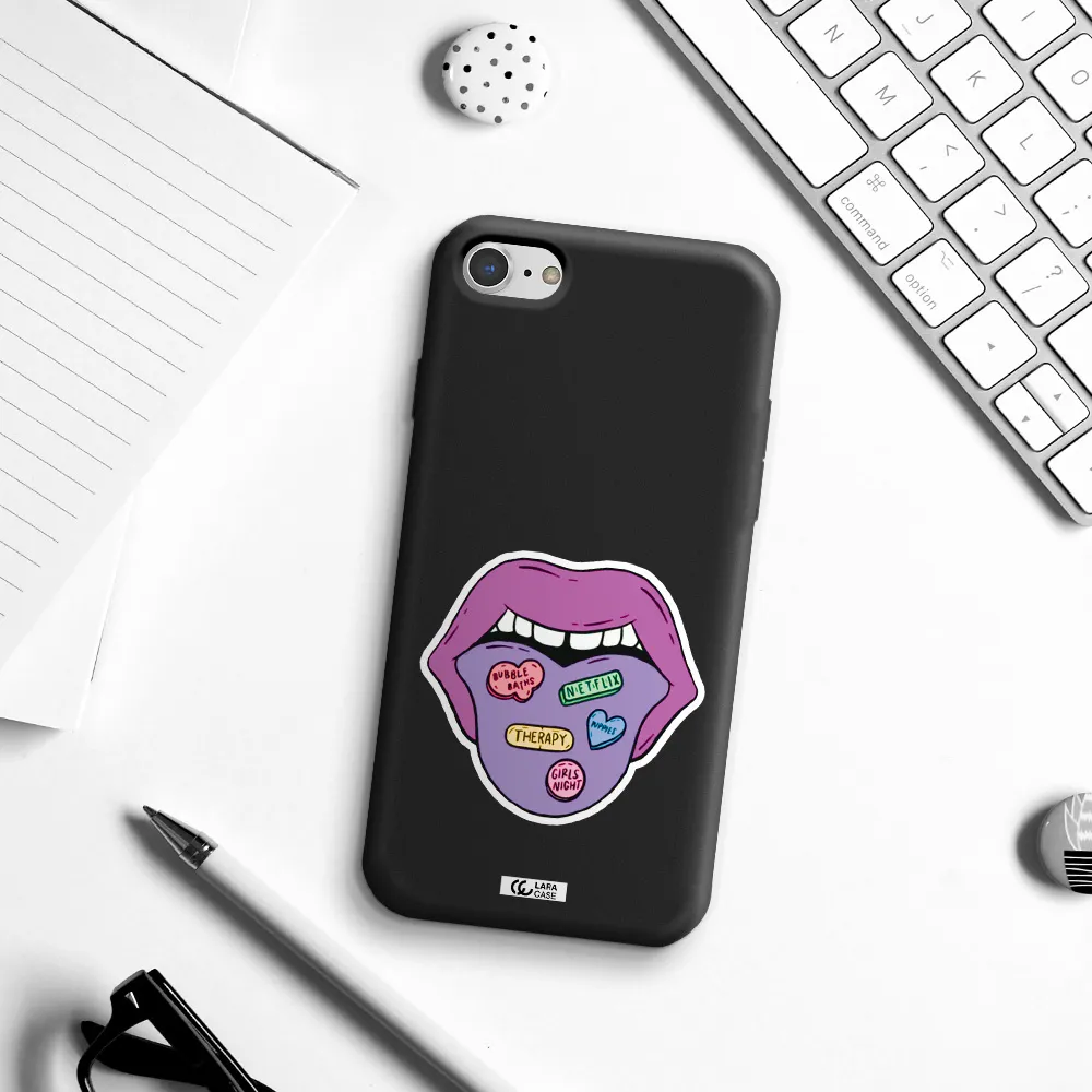 a purple lips with different colored hearts on it Apple iPhone 8 Silicone black Case