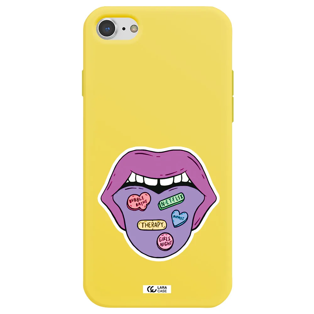 a purple lips with different colored hearts on it Apple iPhone 8 Silicone canary yellow Case