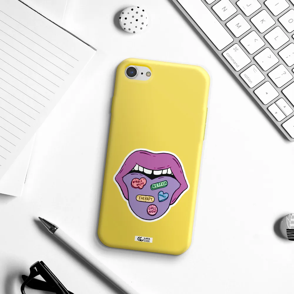 a purple lips with different colored hearts on it Apple iPhone 8 Silicone canary yellow Case