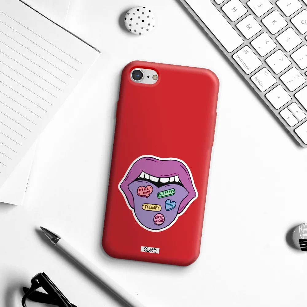 a purple lips with different colored hearts on it Apple iPhone 8 Silicone Imperial Red Case