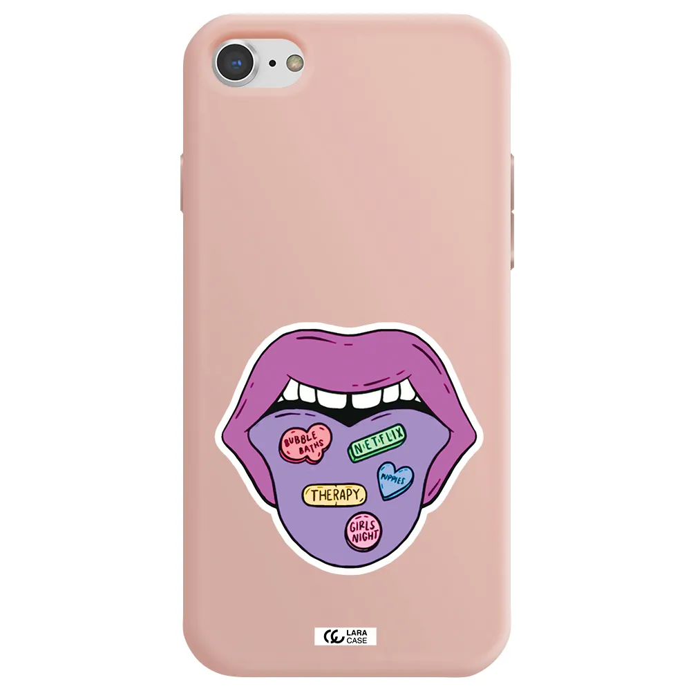 a purple lips with different colored hearts on it Apple iPhone 8 Silicone pastel pink Case