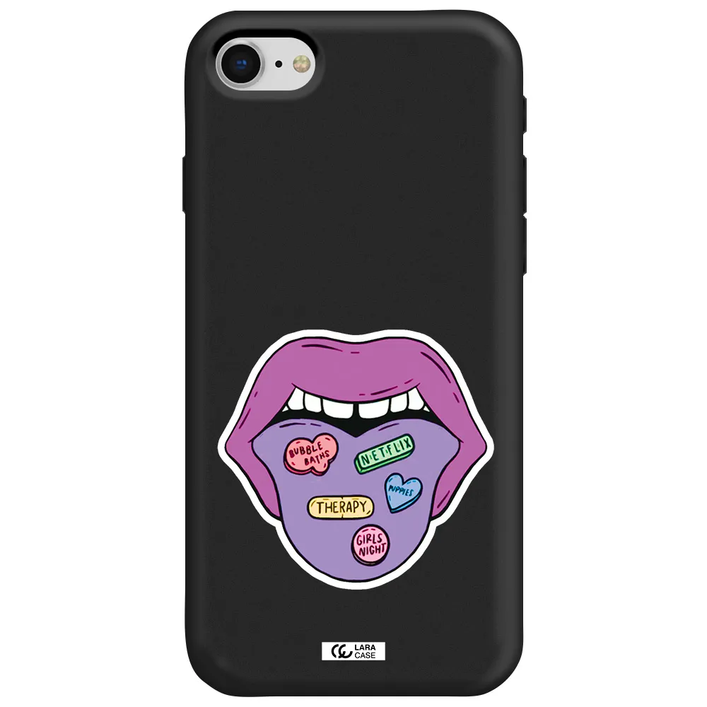 a purple lips with different colored hearts on it Apple iPhone se 2020 Silicone black Case